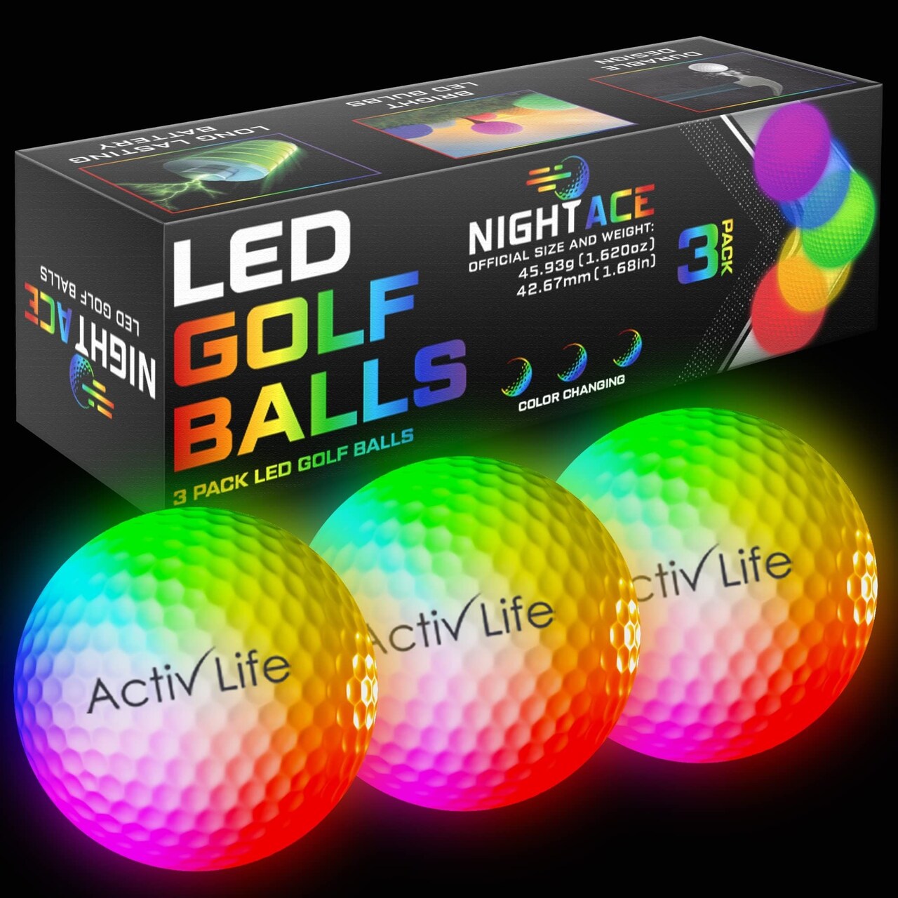 Activ Life Super Bright LED Golf Balls, 3 Pack, Color-Changing, Best Glow in the Dark Golf Presents For Men and Women, Night Golfing Unique Novelty Cool Christmas Stocking Stuffers